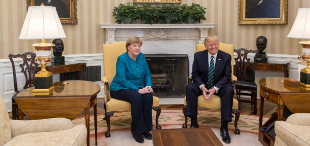 Merkel visiting Trump, by White House, Public Domain Mark.